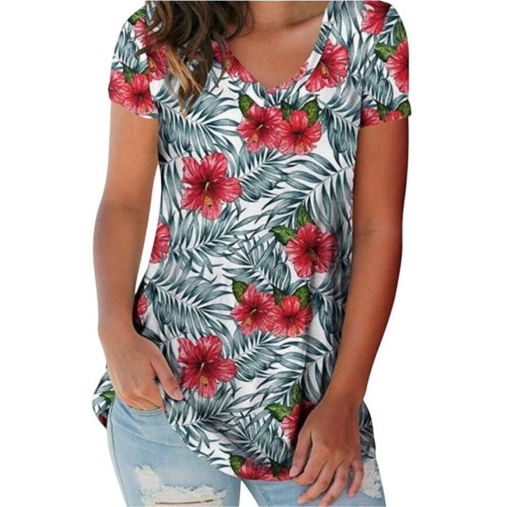 Floral Print V-Neck‎ T-Shirt Tropical Hibiscus Flower Palm Leaf Top XL NWT